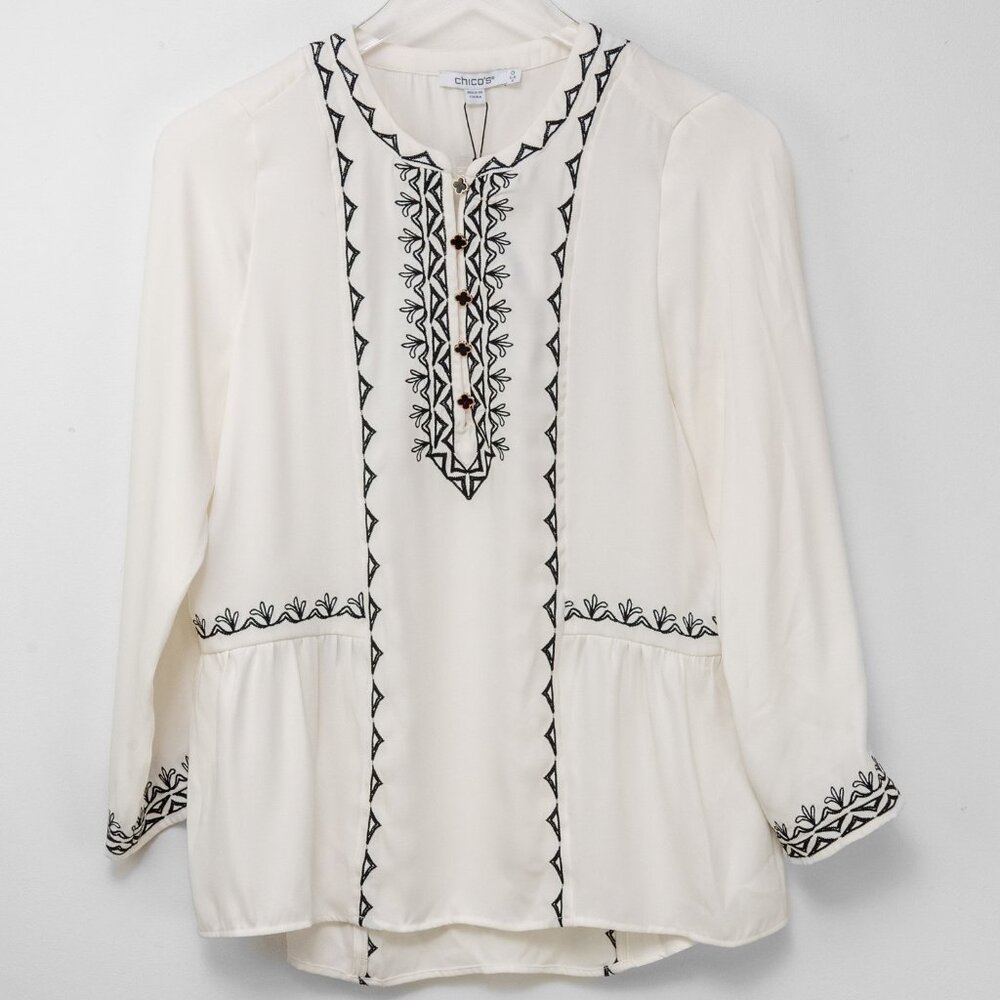Chico's Satin Embroidered Blouse Bohemian Long Sleeve Off White Black Size 0 / 4 - Picture 2 of 6